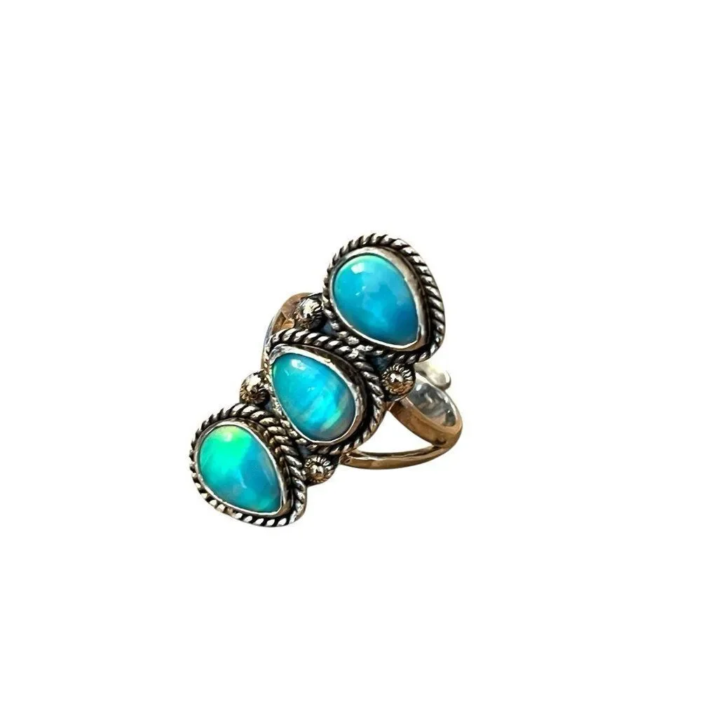 Blue Triple Stacked Aurora Opal Ring One Size Gemstone 925 Sterling Silver New